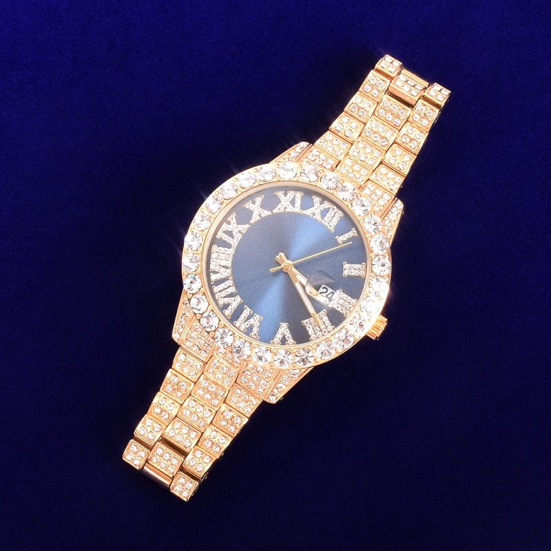 Waterproof Big Face 2024 Dual Time 18K Gold Plated Men's Iced Out Watch