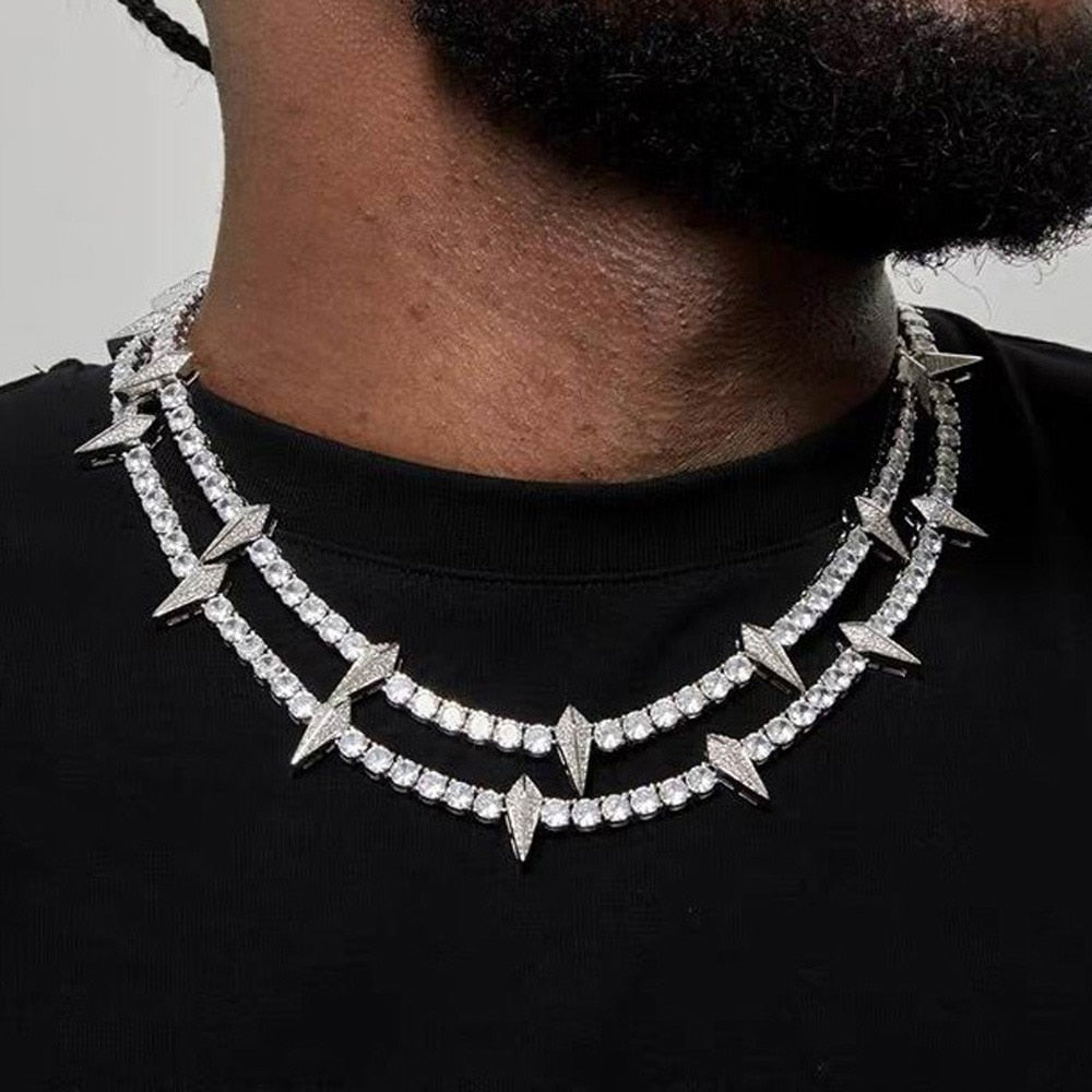 25mm Diamond shops Iced Out Two Row Spiked Chain Necklace w/ Bracelet