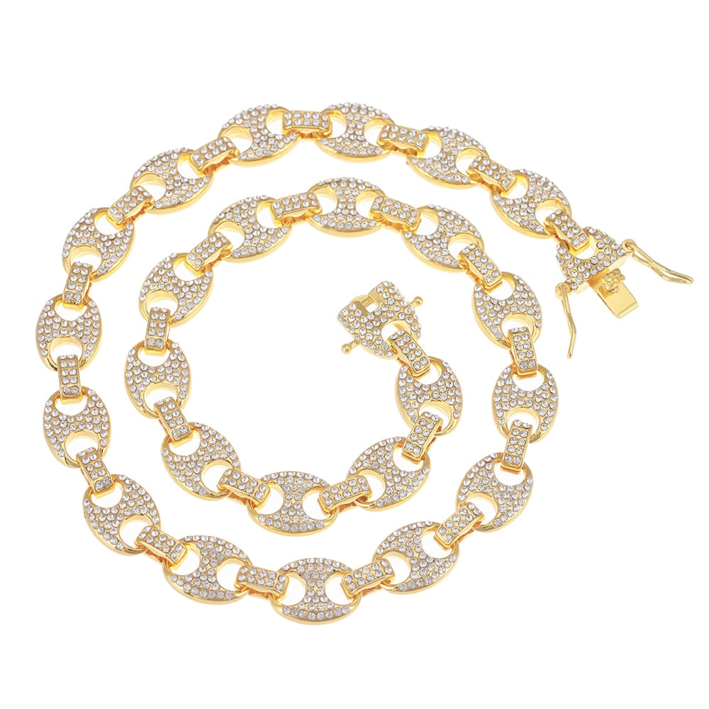 12.5mm | Iced Out Jewelry | Gold Cuban Link Chain and Bracelet Set