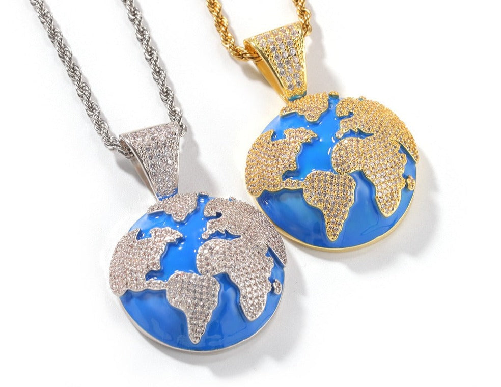 Earth Pendant Necklace | Round Earth Pendant | Iced Out Chains with Pendants