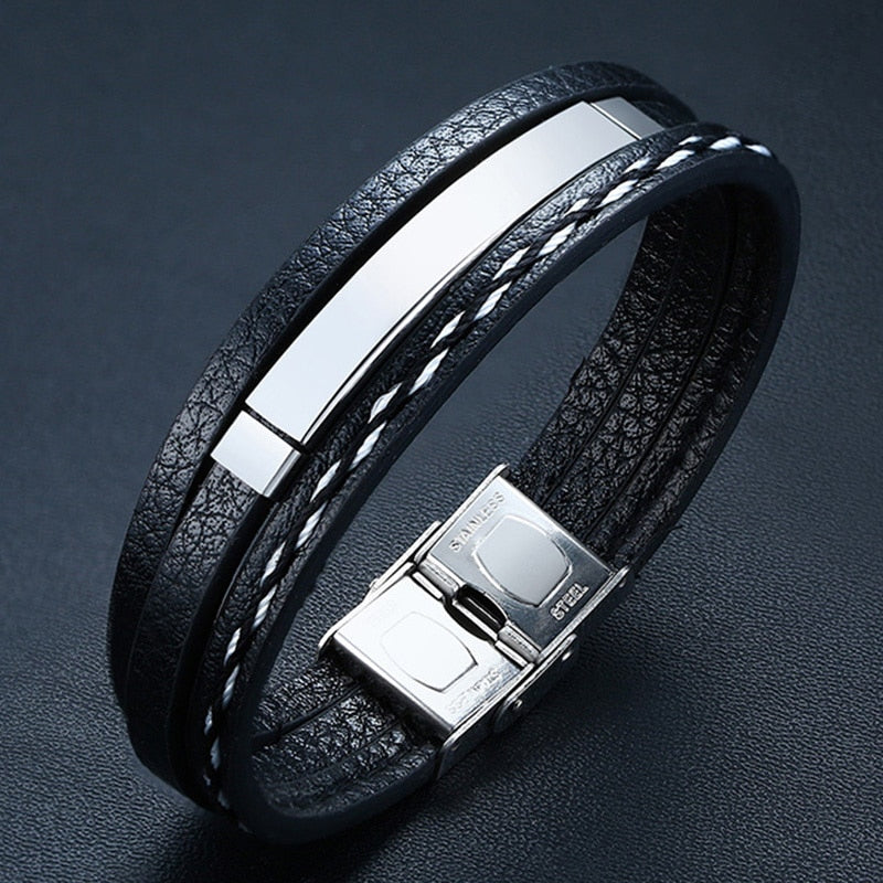 Multi Layer Leather Bracelets | Leather Bracelets | Mens Leather Bracelet | Leather Bracelet | Customizable Bracelet | Name Engraving Bracelet | Stainless Steel Bracelet | Casual Personalized Bangle