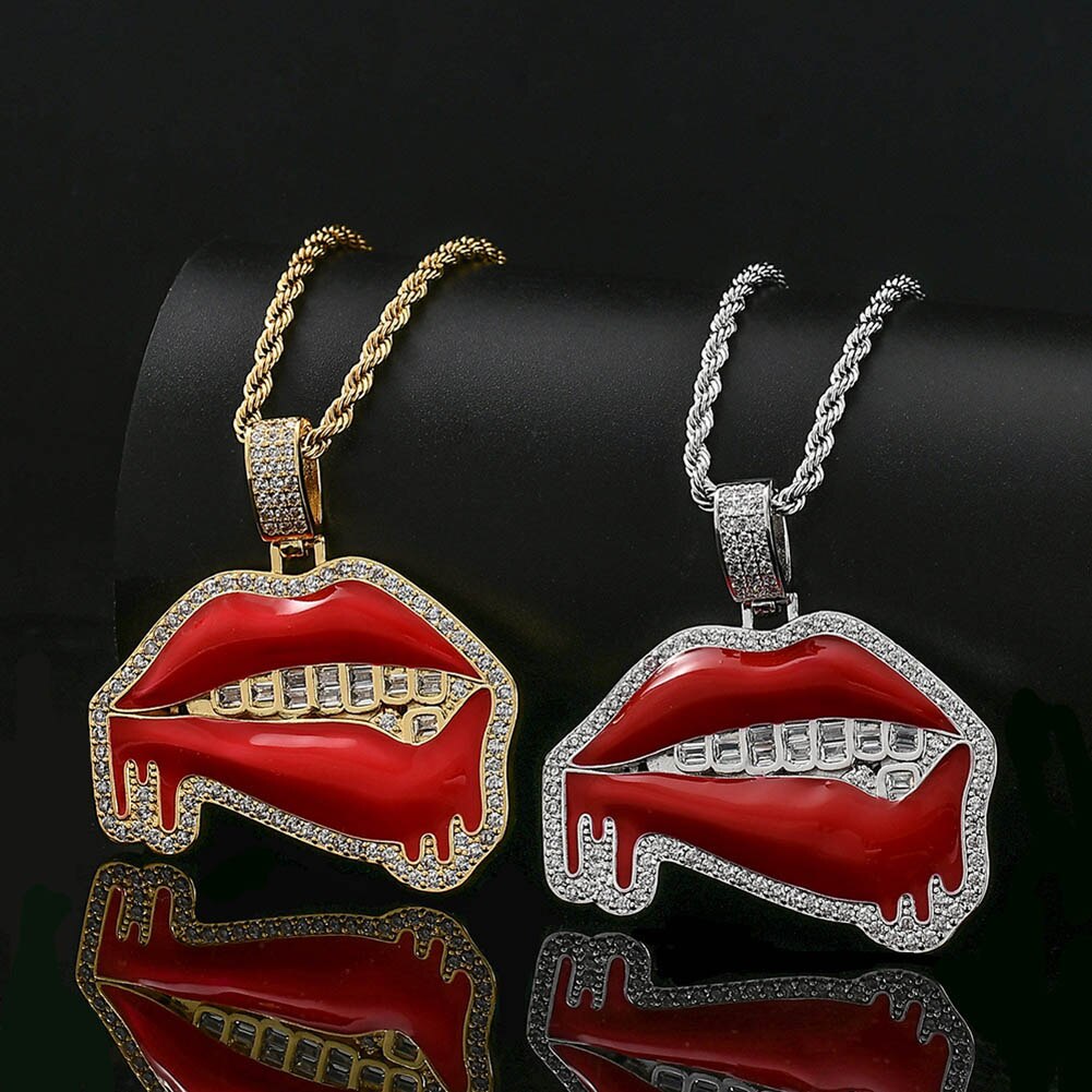 Iced Out Jewelry | Red Lips Pendant | Hip Hop Jewelry Pendants