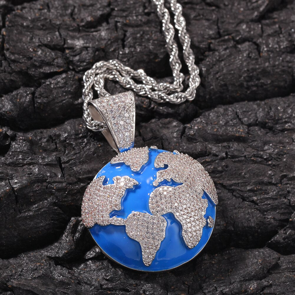 Earth Pendant Necklace | Round Earth Pendant | Iced Out Chains with Pendants