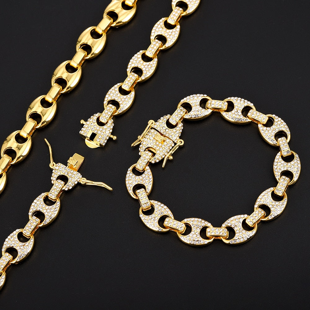 12.5mm | Iced Out Jewelry | Gold Cuban Link Chain and Bracelet Set