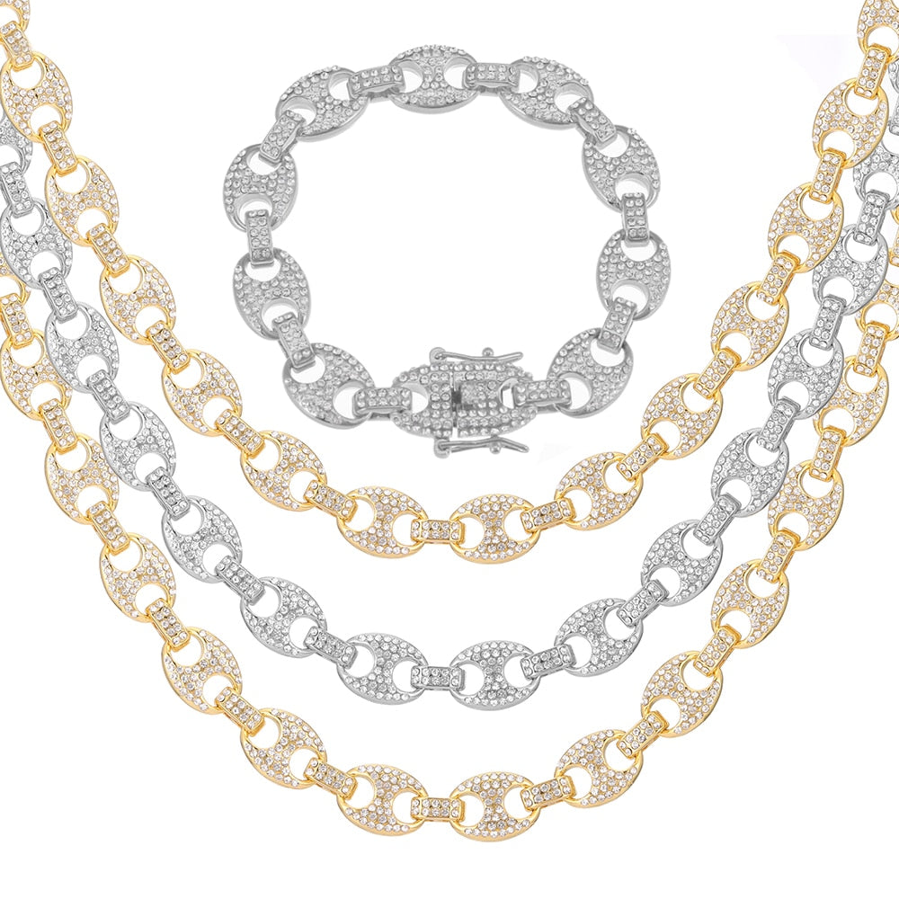 12.5mm | Iced Out Jewelry | Gold Cuban Link Chain and Bracelet Set