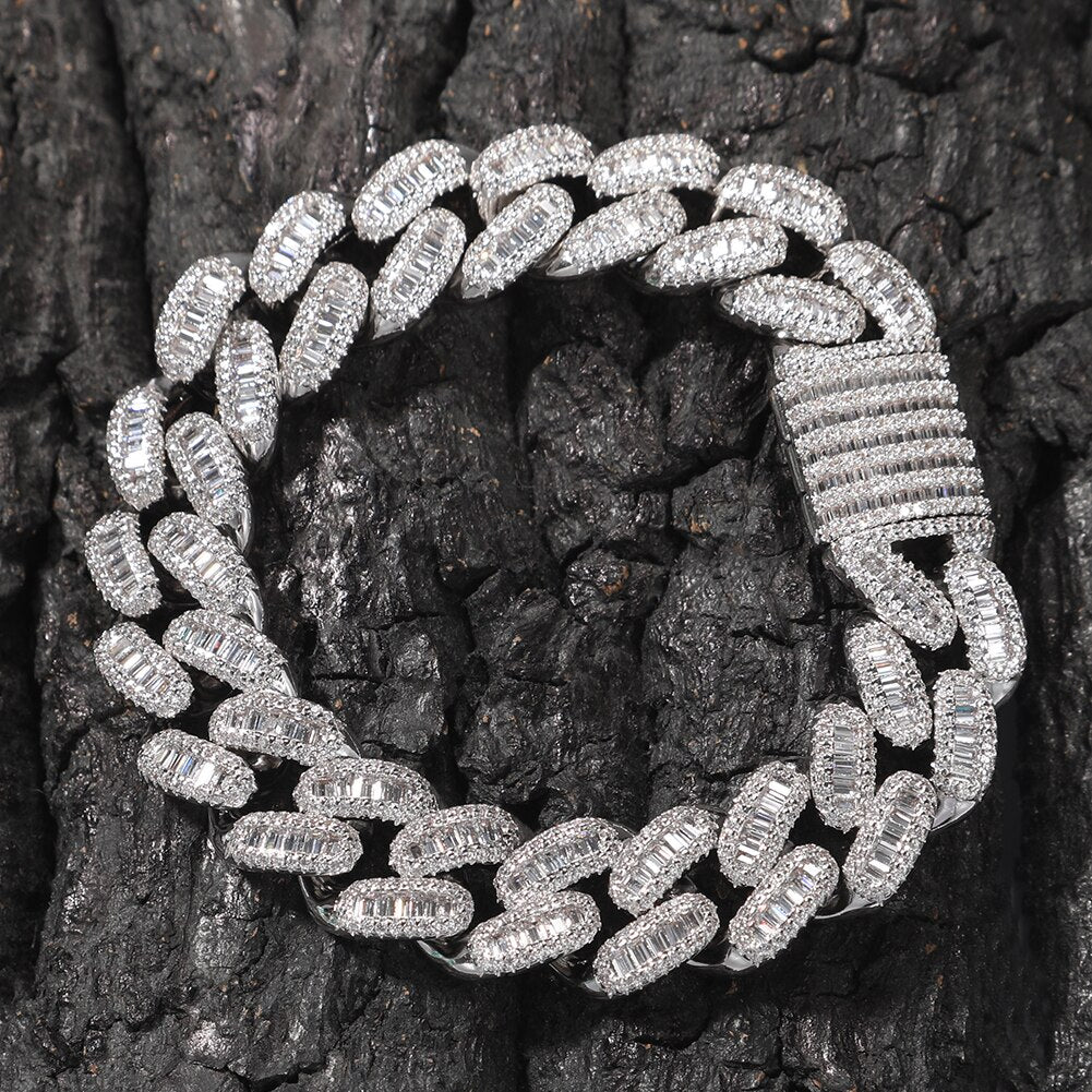 15mm Silver Cuban Link Chain | Baguette Diamond Chain