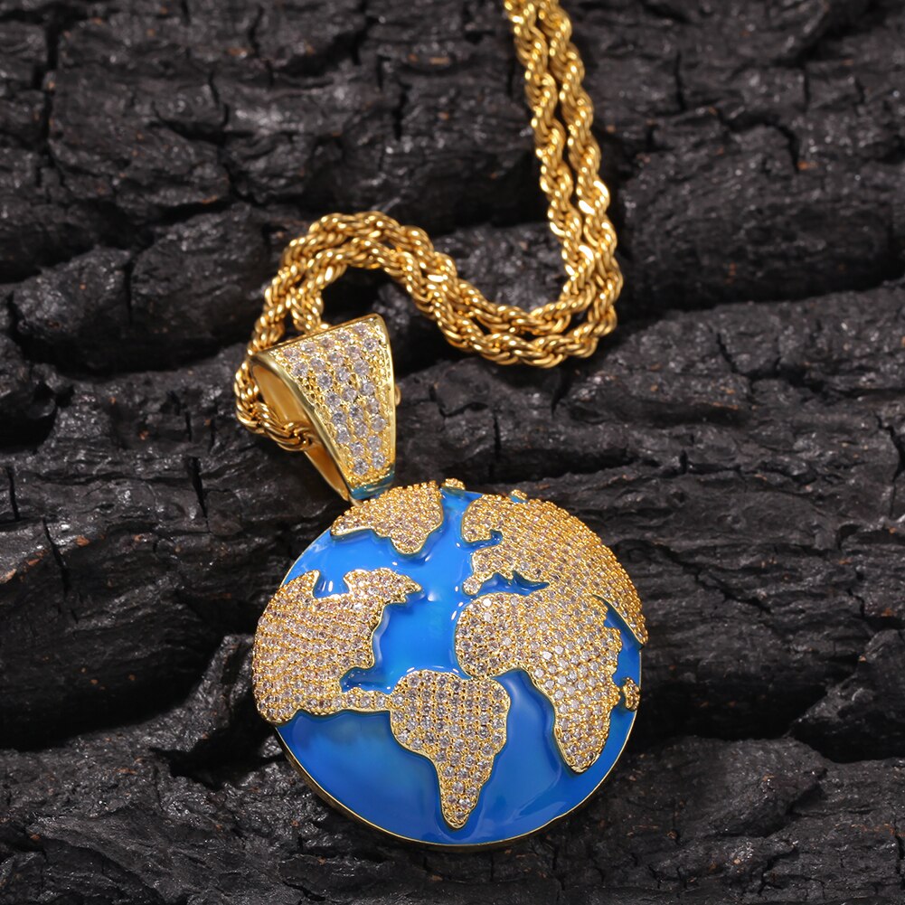 Earth Pendant Necklace | Round Earth Pendant | Iced Out Chains with Pendants