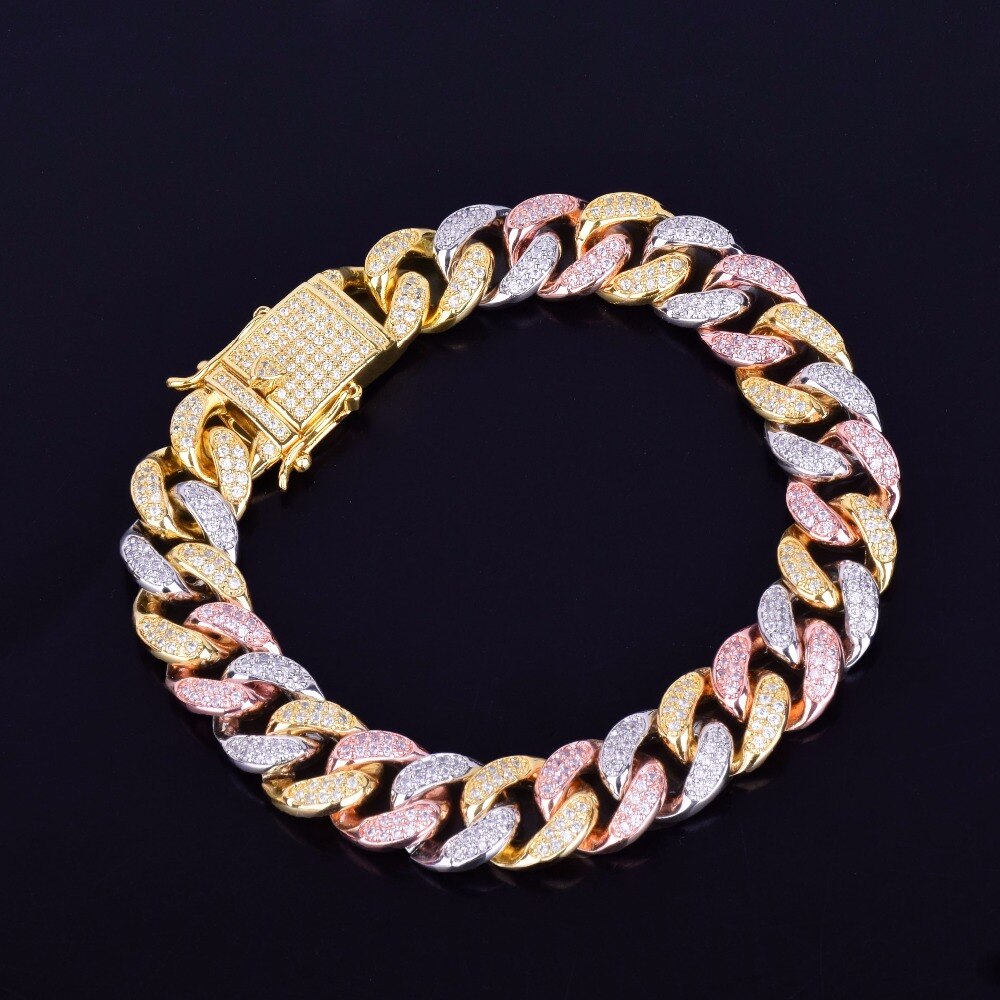 12mm | Tri Color Cuban Link Bracelet | Iced Out Cuban Link Bracelet