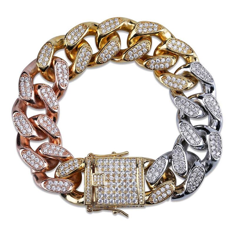 18mm | Tri Color Cuban Link Bracelet | Cuban Link Bracelet Diamond