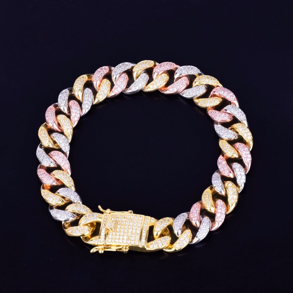 12mm | Tri Color Cuban Link Bracelet | Iced Out Cuban Link Bracelet