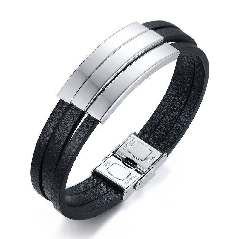 Multi Layer Leather Bracelets | Leather Bracelets | Mens Leather Bracelet | Leather Bracelet | Customizable Bracelet | Name Engraving Bracelet | Stainless Steel Bracelet | Casual Personalized Bangle