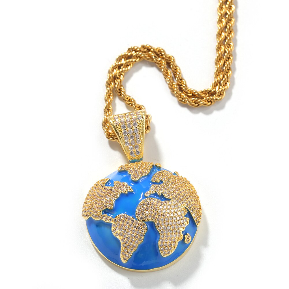 Earth Pendant Necklace | Round Earth Pendant | Iced Out Chains with Pendants