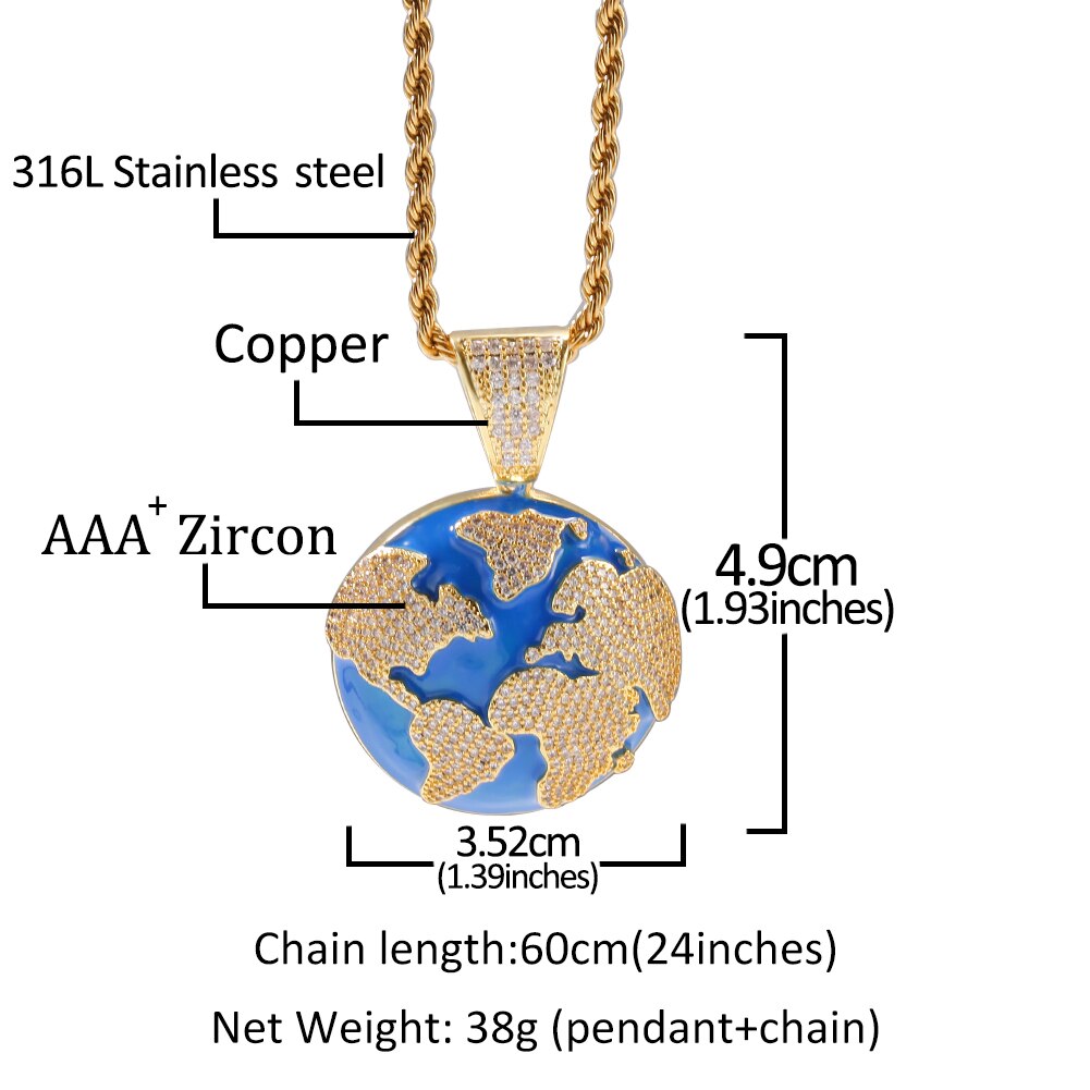 Earth Pendant Necklace | Round Earth Pendant | Iced Out Chains with Pendants