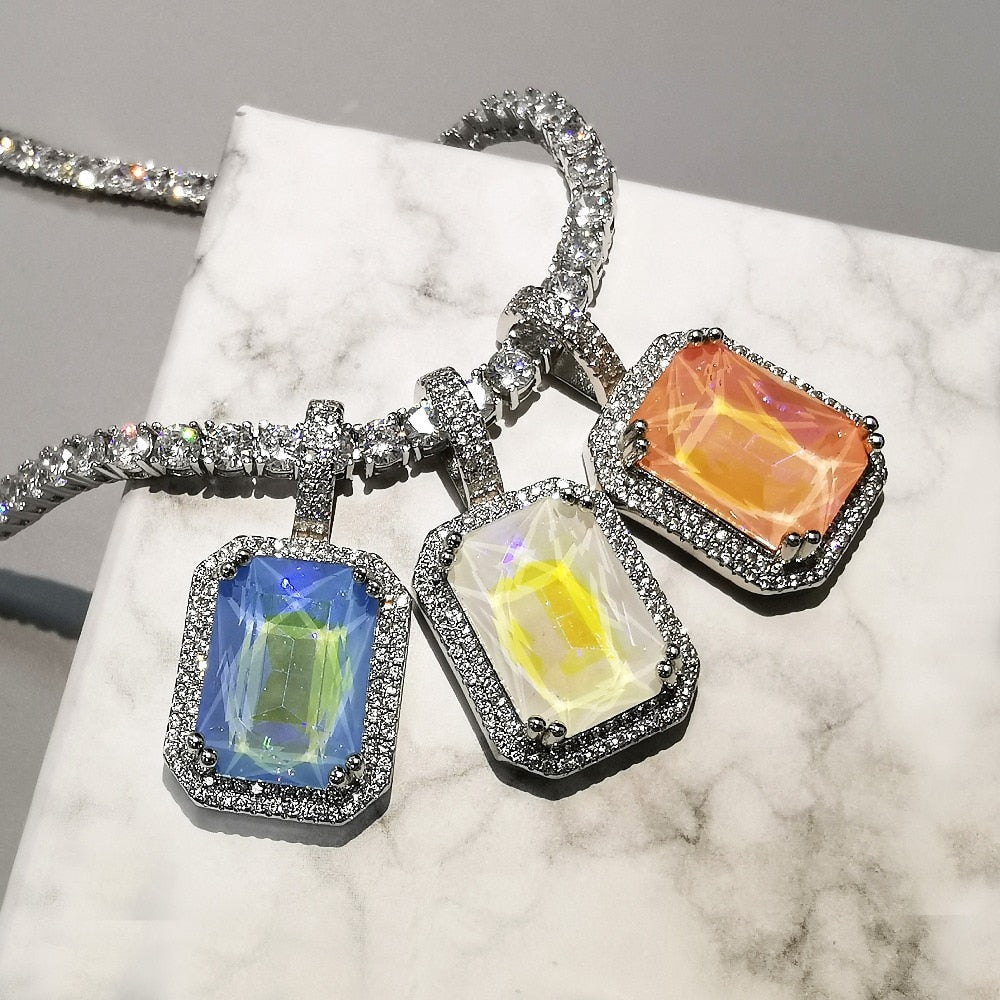 Bling Multicolor Necklace | Square Pendant Necklace | Pendant Necklace | Mocca Colors Necklace | AAA Zircon Necklace | Hip Hop Necklace