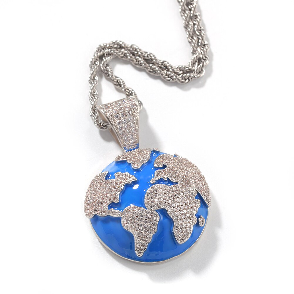 Earth Pendant Necklace | Round Earth Pendant | Iced Out Chains with Pendants