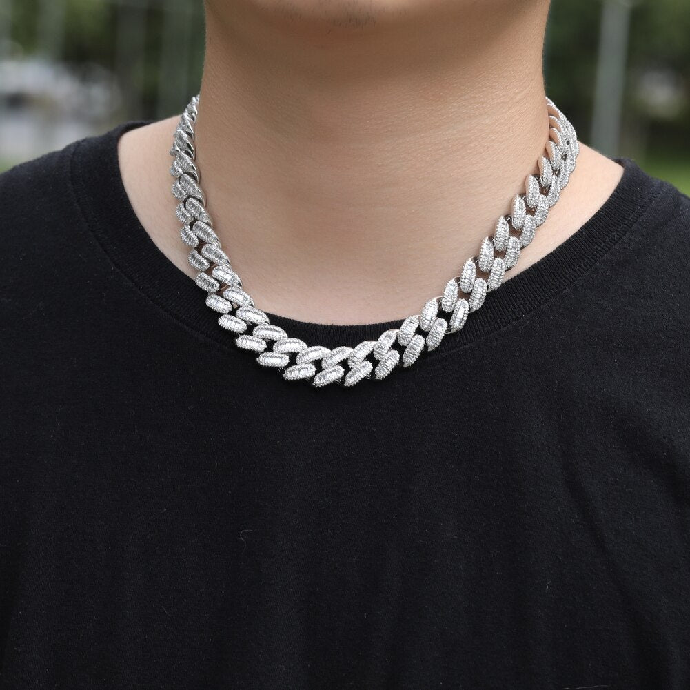 15mm Silver Cuban Link Chain | Baguette Diamond Chain