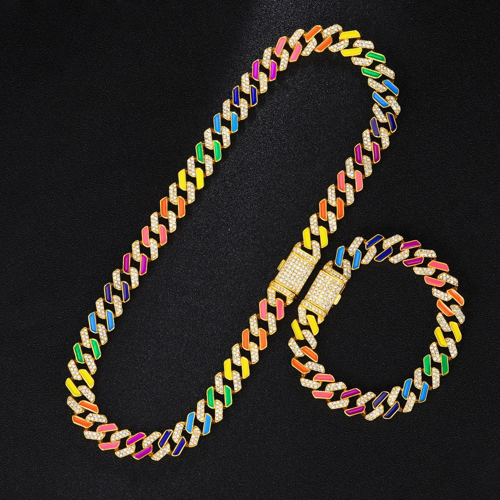 Iced out Watch | Rainbow Cuban Link Chain | Rainbow Cuban Chain