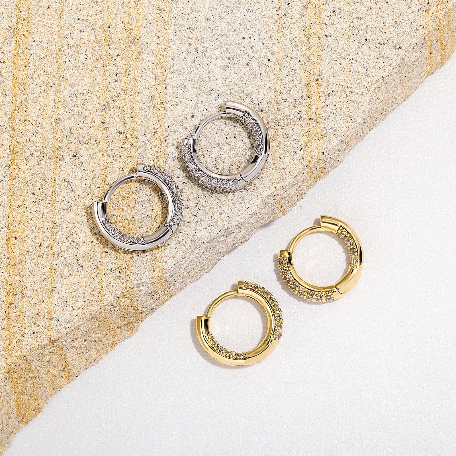 14k Gold | Micro Pave Diamond Huggie Earrings | Hip Hop Diamond Earrings