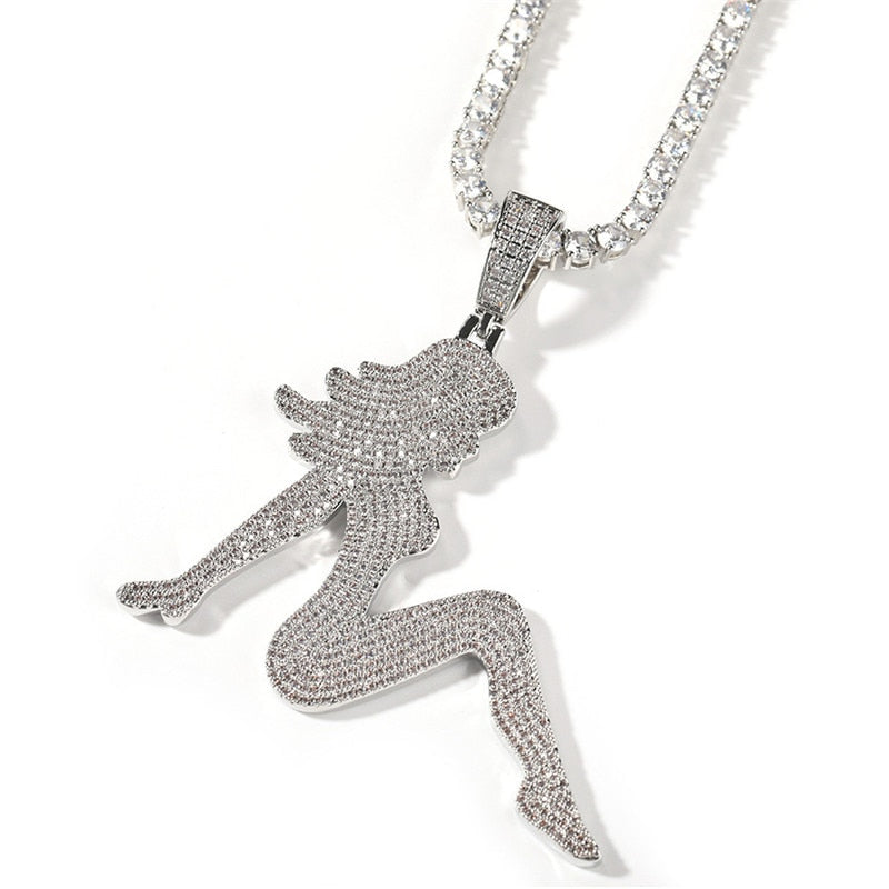 Pendant With Womans Profile | Iced Out Chain for Women | Iced Out Chains with Pendants