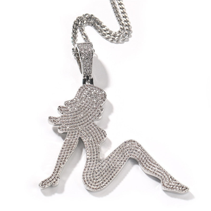 Pendant With Womans Profile | Iced Out Chain for Women | Iced Out Chains with Pendants