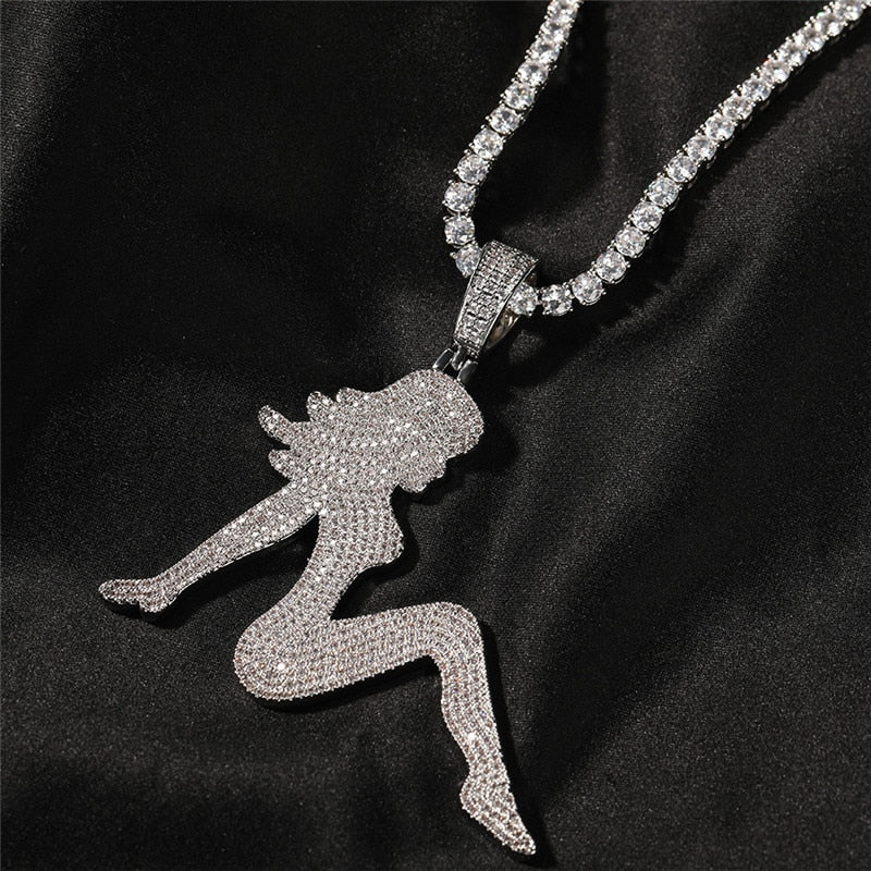 Pendant With Womans Profile | Iced Out Chain for Women | Iced Out Chains with Pendants