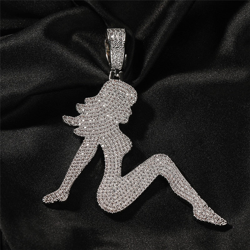 Pendant With Womans Profile | Iced Out Chain for Women | Iced Out Chains with Pendants