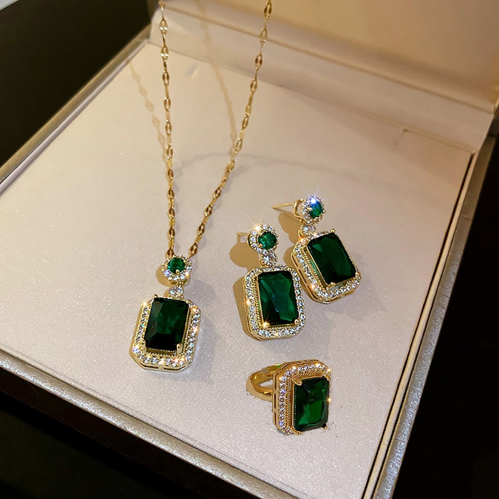 Bridesmaid Jewelry, Bridal V Shape Necklace Earrings, Prom Jewelry Set,  Emerald Green Victorian Teardrop Crystal Necklace Earrings set E25