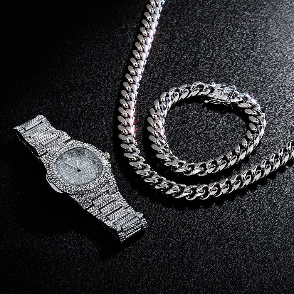 Hip Hop Jewelry Sets | Iced Out Watch Set | Watch and Bracelet Set