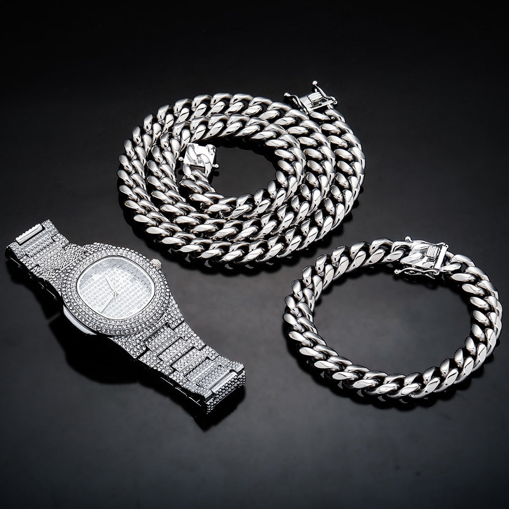 Hip Hop Jewelry Sets | Iced Out Watch Set | Watch and Bracelet Set