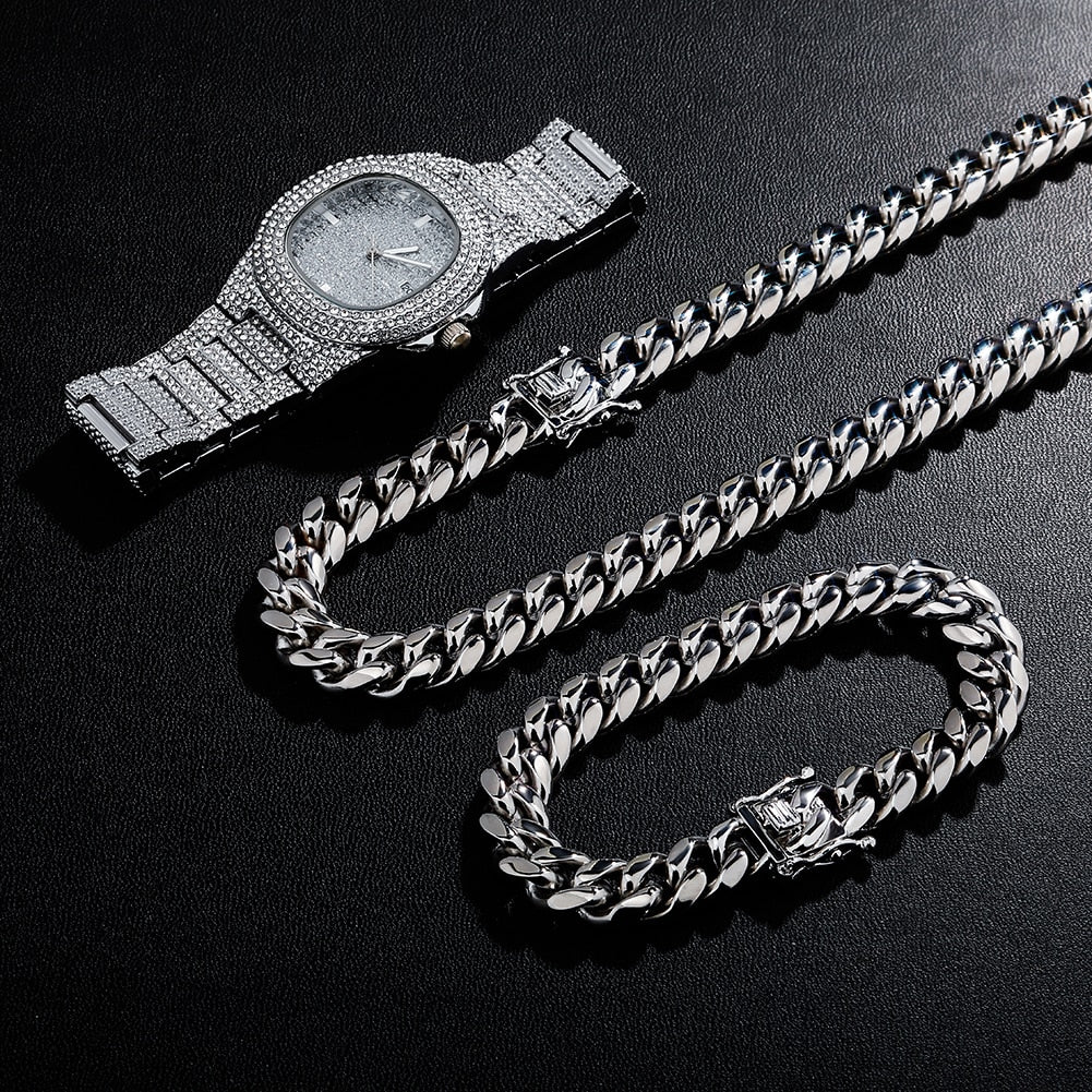 Hip Hop Jewelry Sets | Iced Out Watch Set | Watch and Bracelet Set