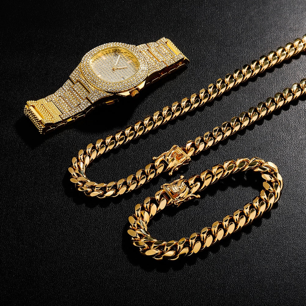 Hip Hop Jewelry Sets | Iced Out Watch Set | Watch and Bracelet Set