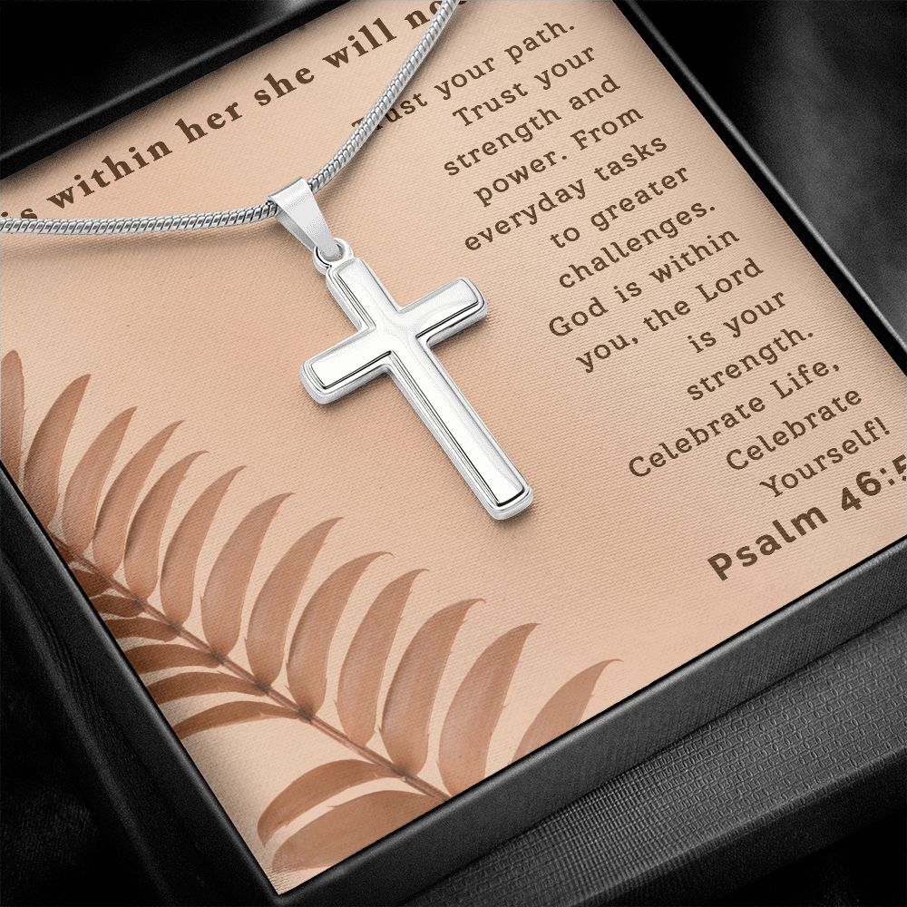 God is within her she will not fall | Stainless Steel Cross - Julri Box