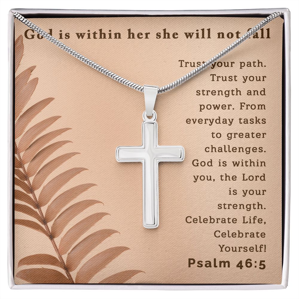 God is within her she will not fall | Stainless Steel Cross - Julri Box