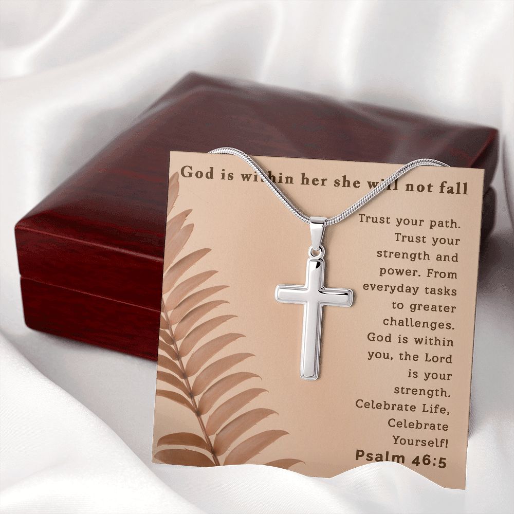 God is within her she will not fall | Stainless Steel Cross - Julri Box