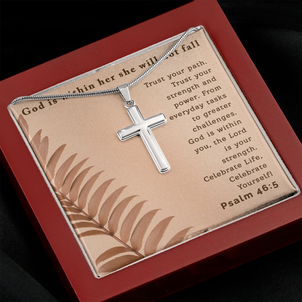 God is within her she will not fall | Stainless Steel Cross - Julri Box