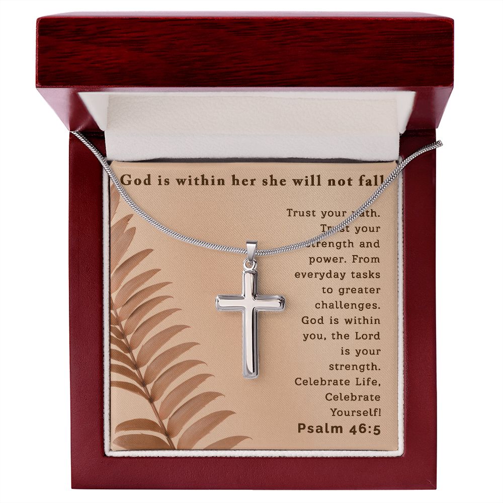 God is within her she will not fall | Stainless Steel Cross - Julri Box