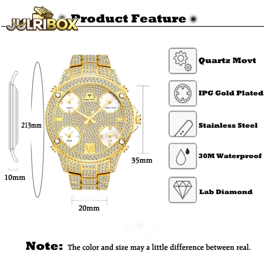 Big Luxury Watch | Mens Cuban 18K Gold Watches Strap Multiple Time