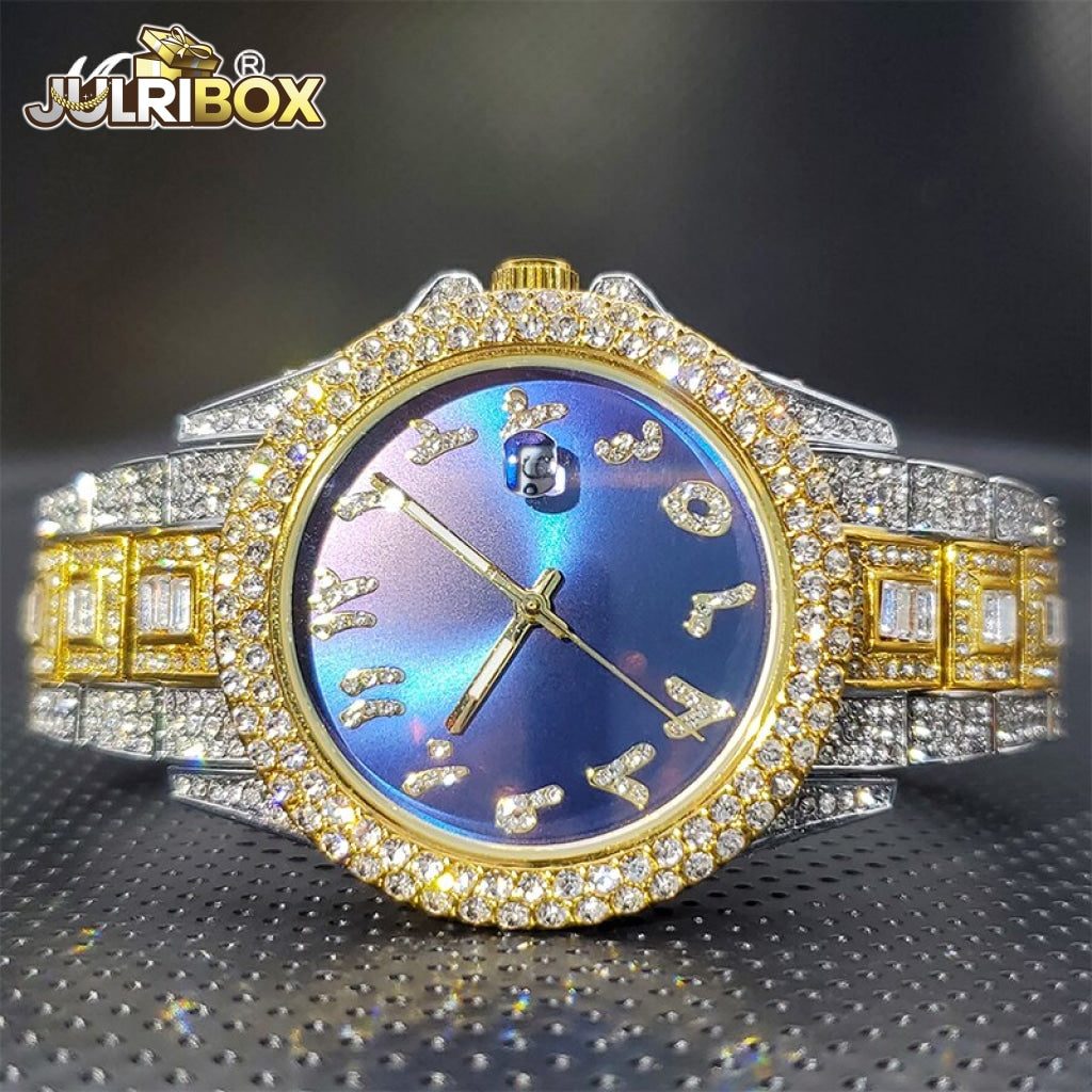 Couple Watch | Luxury Diamond Watches Unique Ice Blue With Arabic Numbers Arab Blue-Goldsilver