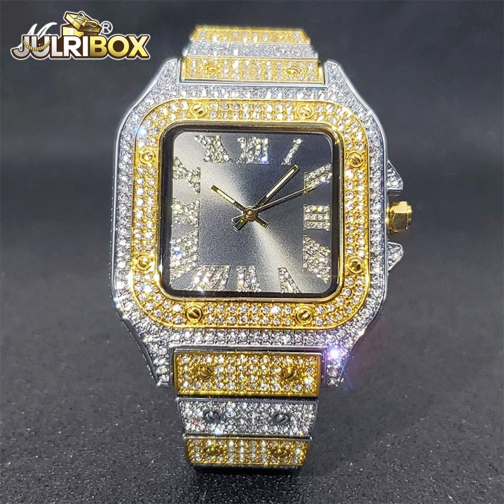 Square Watch | Ice Out Diamond Hip Hop Sunburst Dial Waterproof Quartz Watches V324-Gsbl